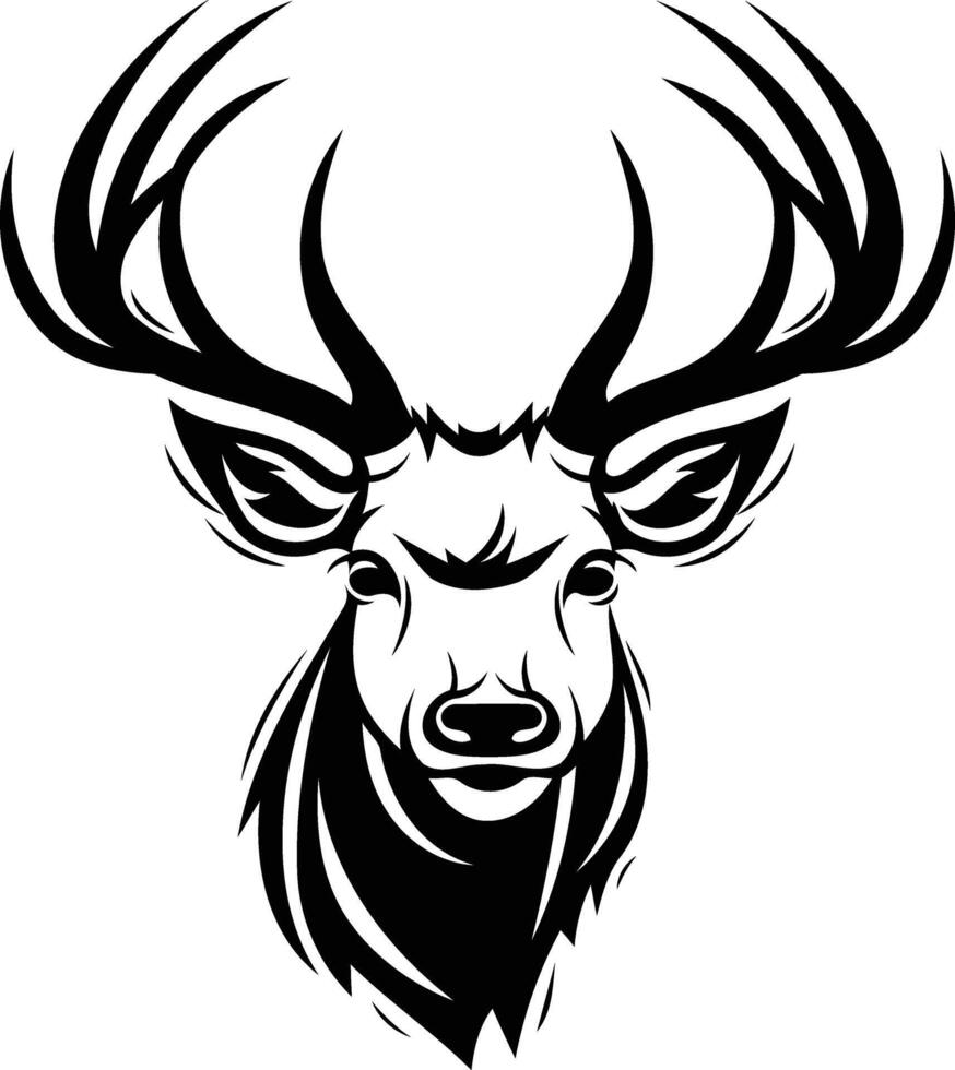 A bold and stylized black and white illustration of a deer head with large antlers, perfect for tattoos, logos, and graphic designs vector
