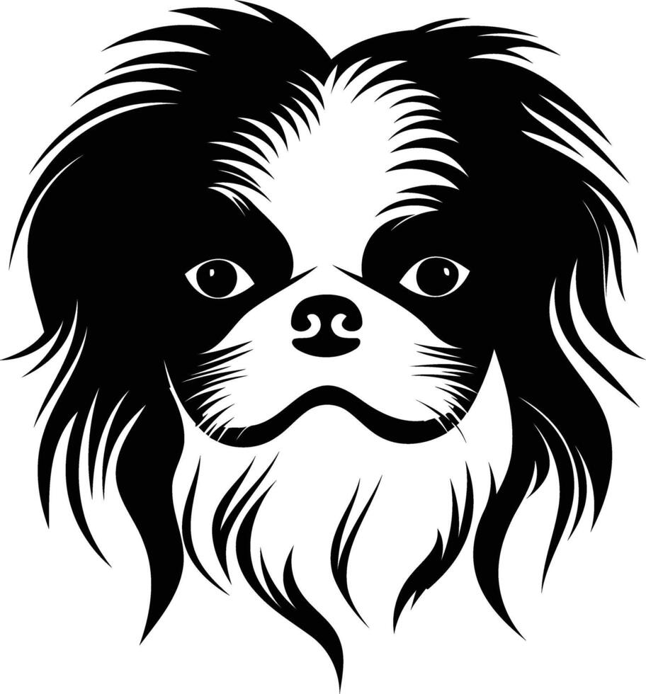 A striking black and white illustration of a japanese chin dog's head, perfect for pet related designs and branding vector