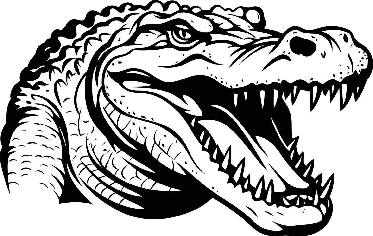 A fierce and detailed black and white illustration of an alligator's head with its mouth open in a menacing roar vector