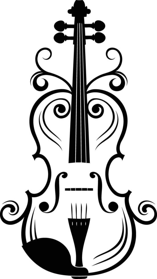A stylish black and white silhouette of a violin with intricate floral accents vector