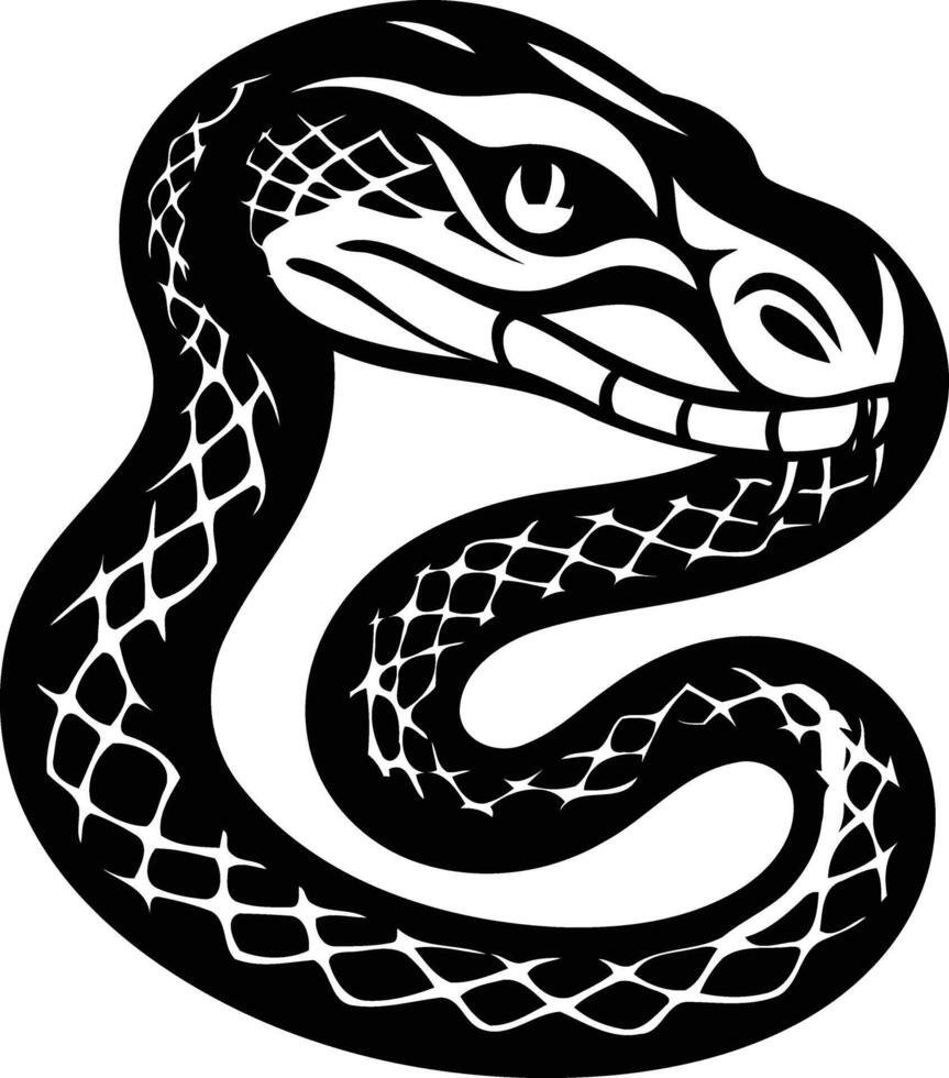 Black and white illustration of a coiled snake with a detailed head, perfect for tattoos, branding, and graphic design projects vector