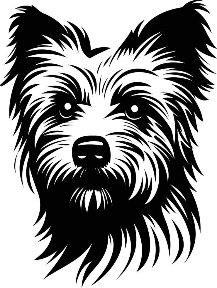 A striking black and white illustration of a yorkshire terrier, featuring intricate details of its fur and face vector