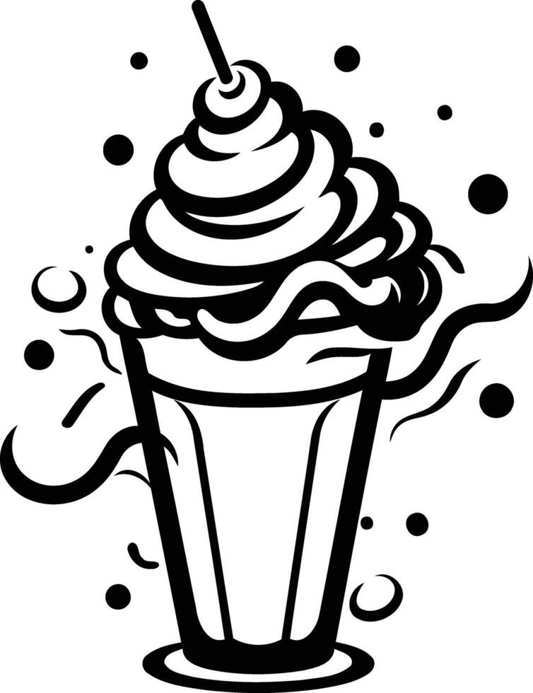 Black and white line art illustration of a milkshake with whipped cream and a straw vector