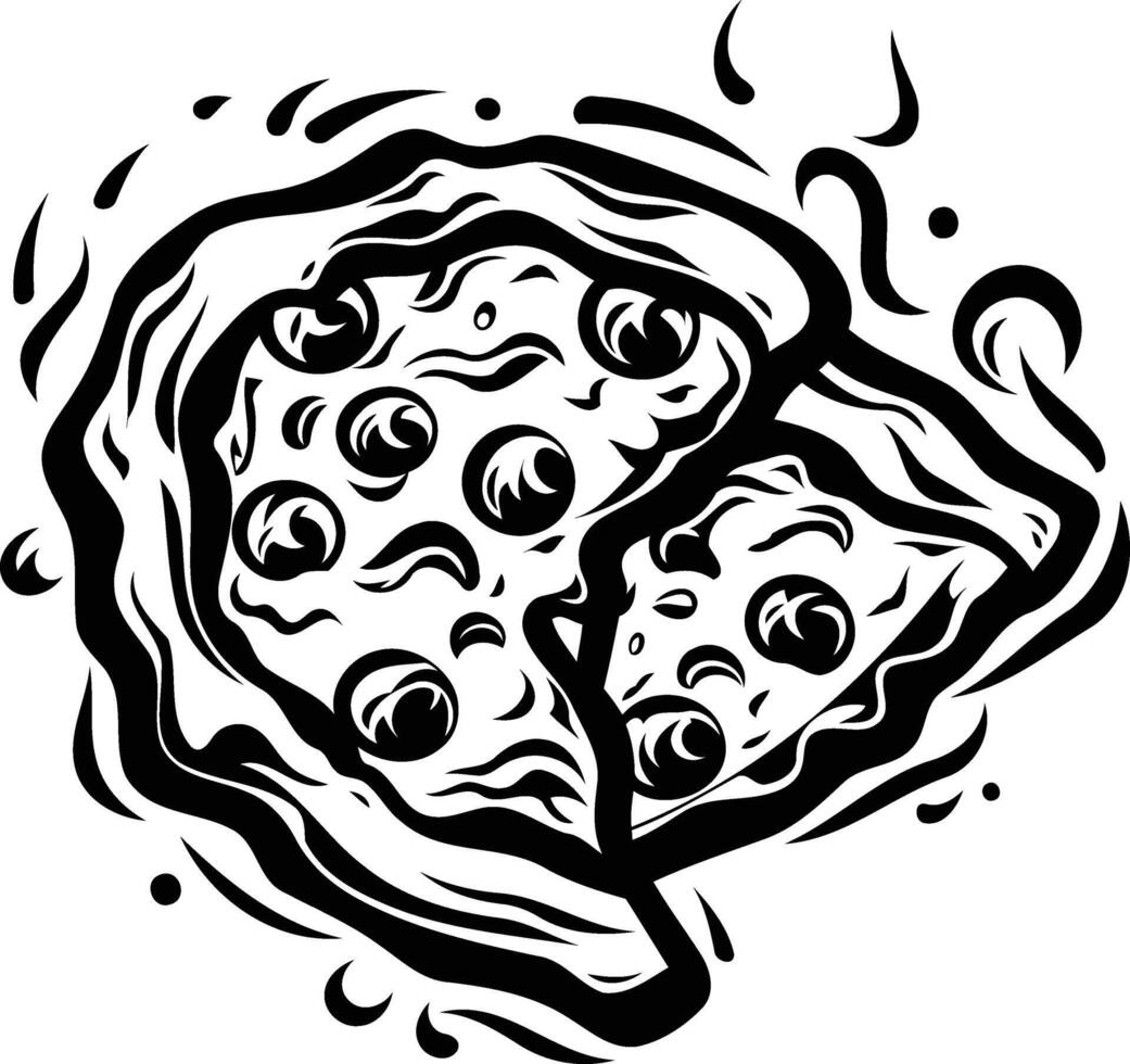 Bold black and white illustration of a pizza slice, perfect for tattoos, streetwear designs, and food themed projects vector