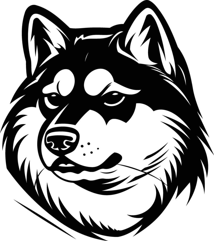 A bold, black and white illustration of a husky dog's face, perfect for logo design, t shirts, and pet related projects vector