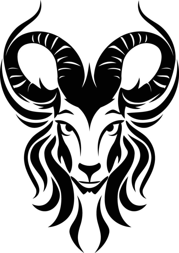 Black and white tribal tattoo design of a ram or goat head, perfect for use in tattoos, prints, logos, and more vector