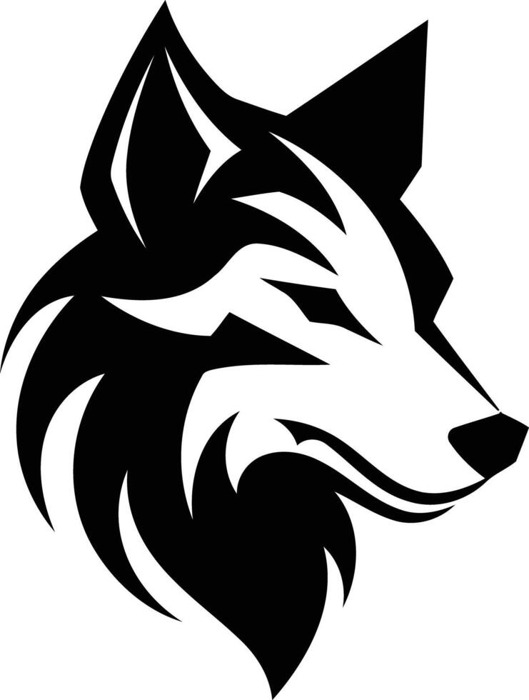 A bold and striking black and white logo featuring a wolf's head in a tribal design vector