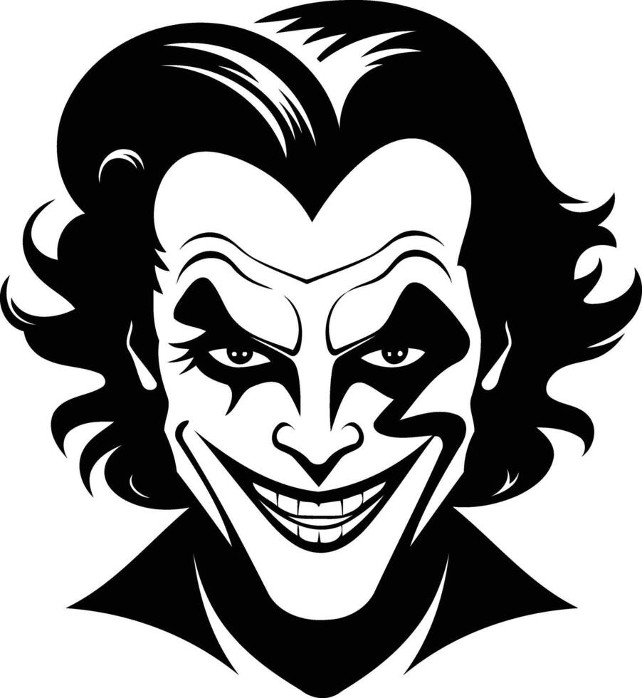A black and white illustration of a sinister clown with an exaggerated smile and sharp features vector