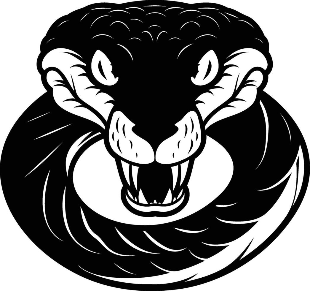 A menacing black and white illustration of a coiled snake with bared fangs, perfect for tattoo designs, branding, or any project that needs a strong and aggressive image vector