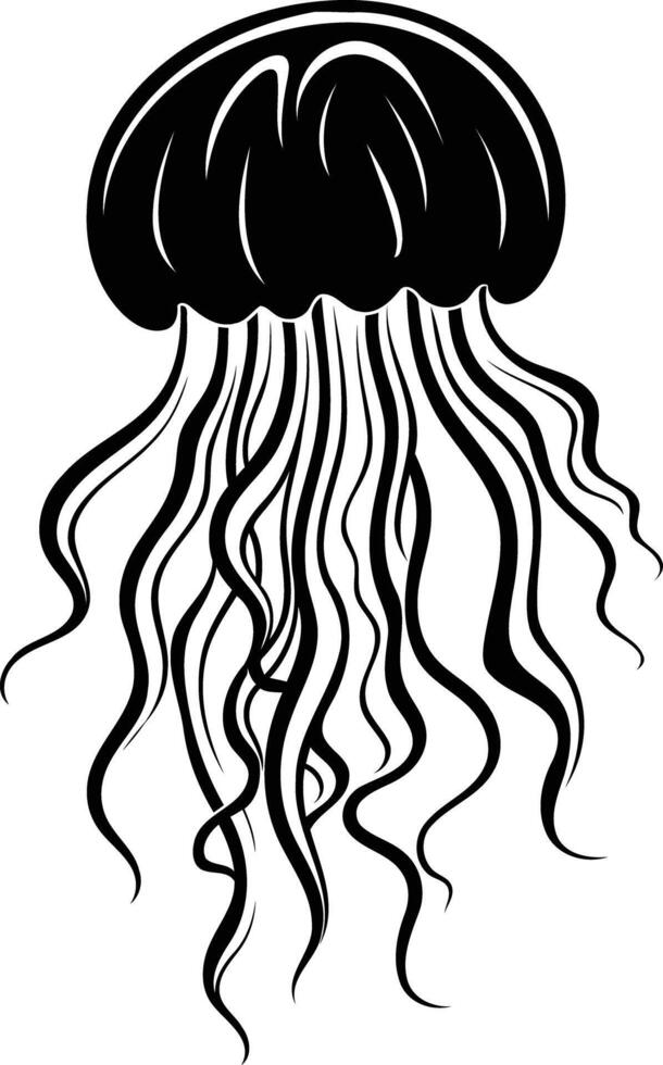 A bold black and white illustration of a jellyfish, perfect for tattoo designs, nautical themes, or nature inspired artwork vector