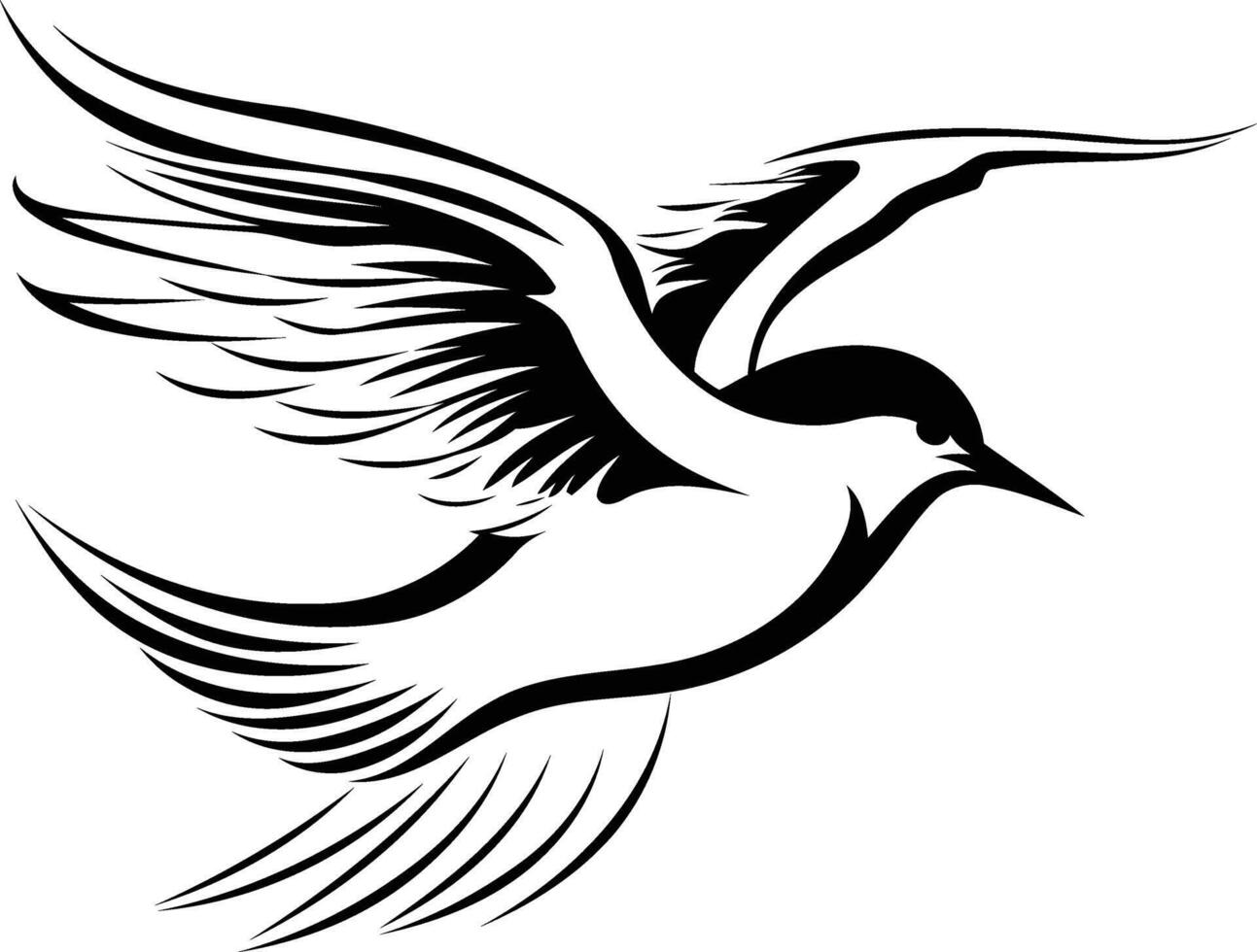 Elegant black and white stylized bird silhouette in flight, perfect for tattoos, logos, and designs vector