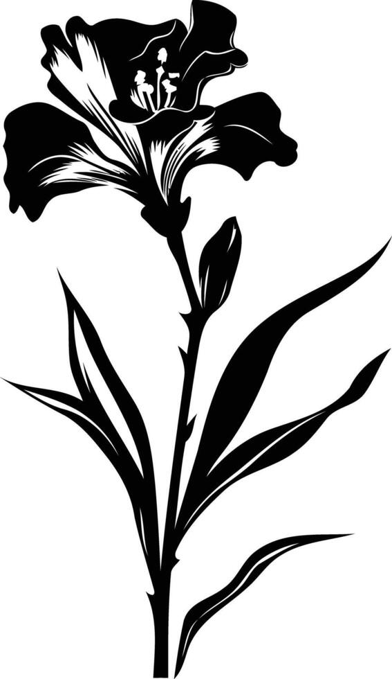 Elegant black and white silhouette of a single flower with delicate leaves vector