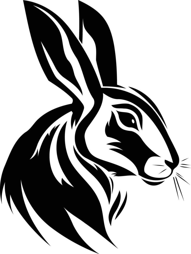 A striking black and white illustration of a rabbit's head, rendered in a tribal style vector