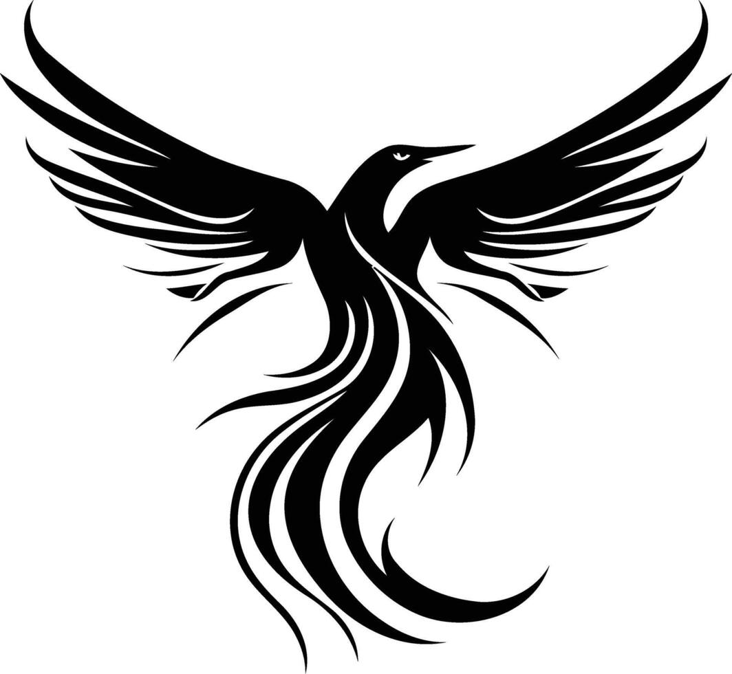 A striking black and white illustration of a stylized phoenix, wings spread wide in flight vector