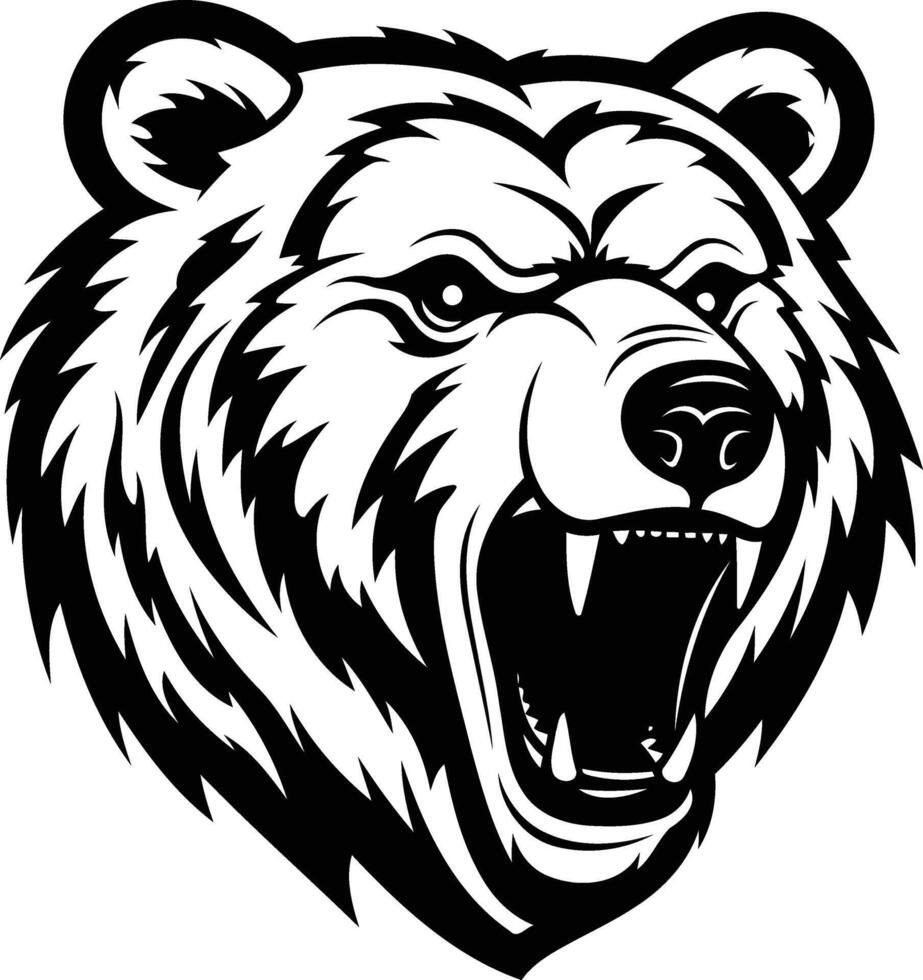 Black and white illustration of a roaring bear's head vector