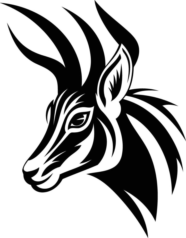 A bold, tribal style tattoo design featuring a black and white antelope head vector