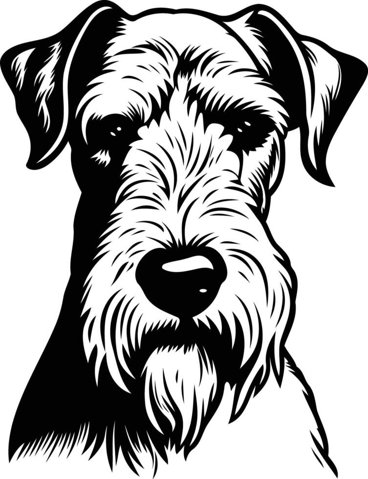 A striking black and white illustration of a wirehaired fox terrier's head, capturing its intelligent and playful expression vector