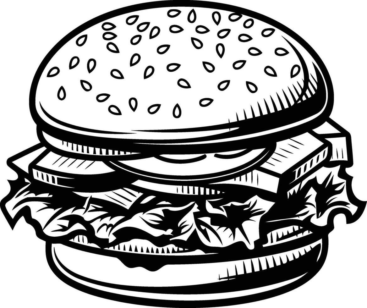 A classic, hand-drawn illustration of a juicy burger with lettuce and sesame seed bun vector