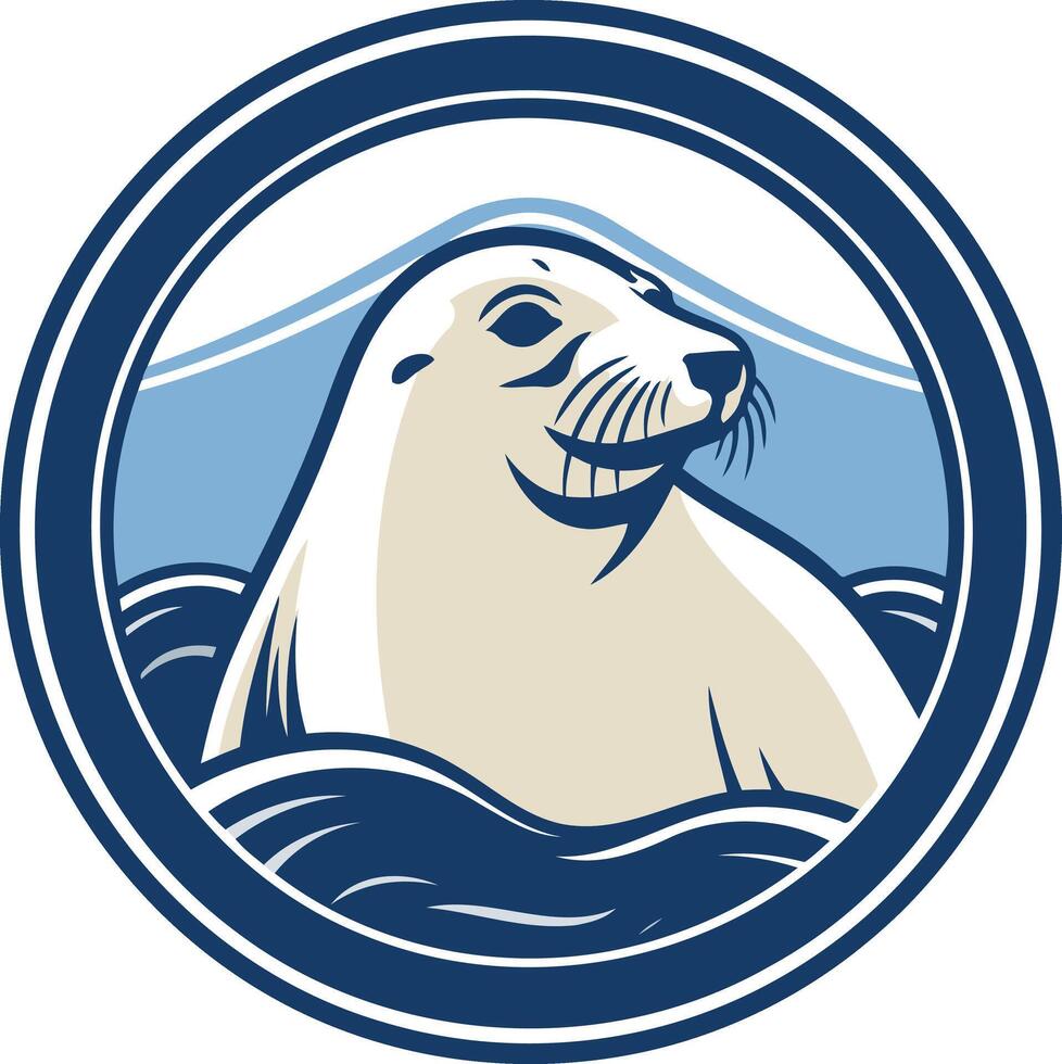 A circular logo featuring a stylized seal swimming in the ocean, perfect for businesses or organizations focused on marine life, conservation, or tourism vector