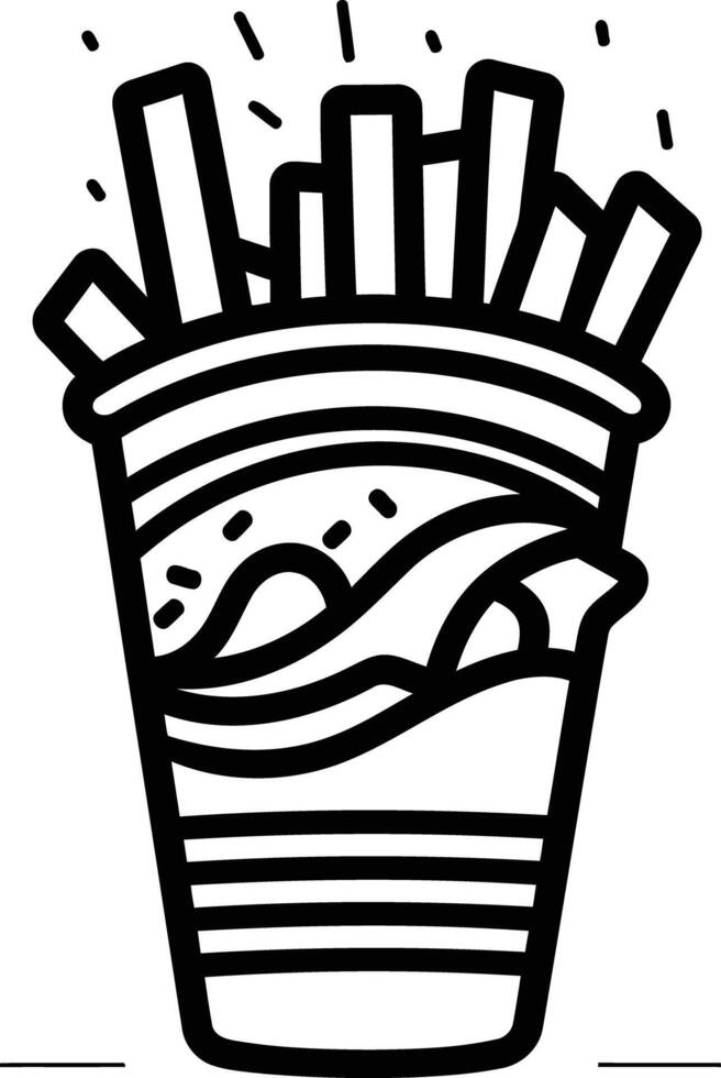 Simple black and white line art illustration of a cup of french fries vector