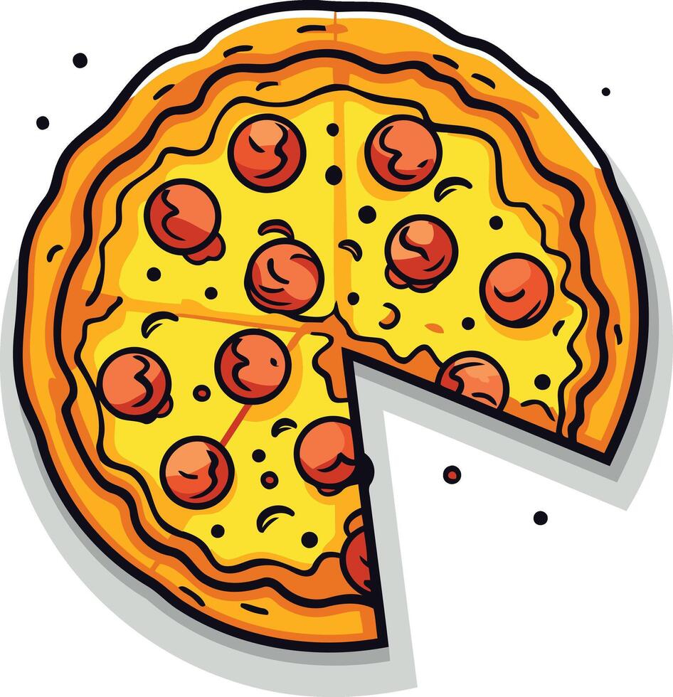 A delicious cartoon pizza with a single slice missing, perfect for illustrating fast food menus, social media posts, or advertising vector