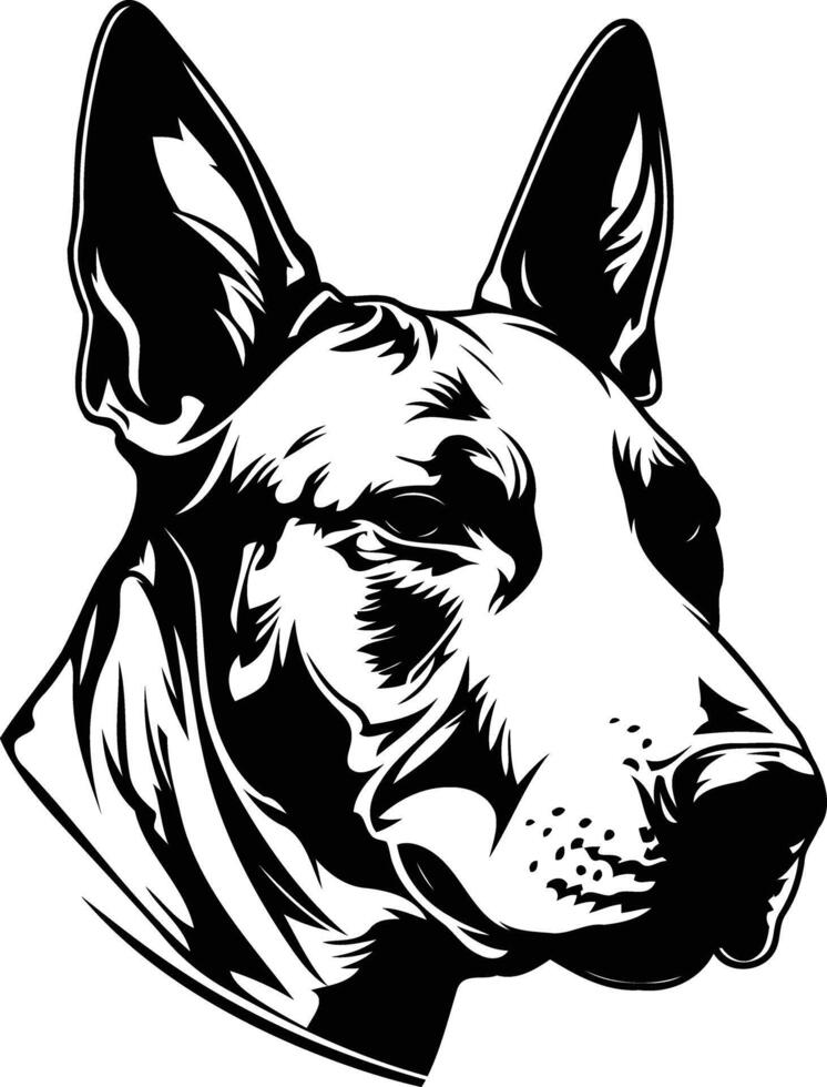 A bold black and white illustration of a bull terrier's head, perfect for tattoo designs, t shirt prints, and branding vector