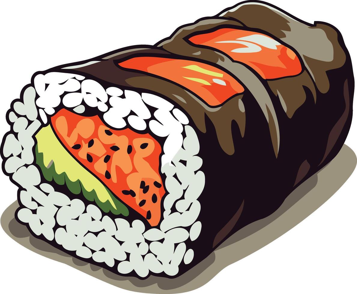 Delicious and colorful cartoon illustration of a salmon and avocado sushi roll, perfect for menus, food blogs, and social media posts vector