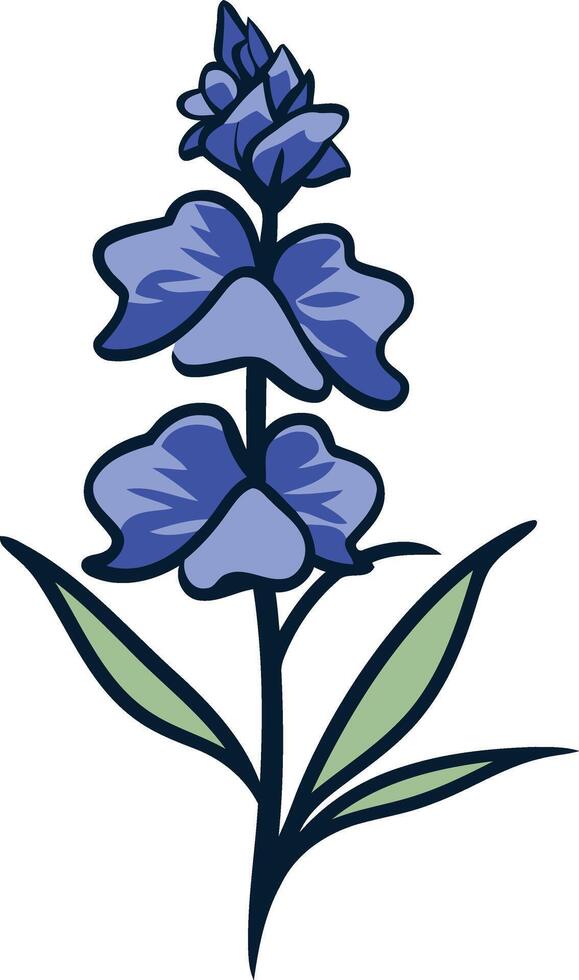 A simple, elegant illustration of a single blue flower with green leaves vector