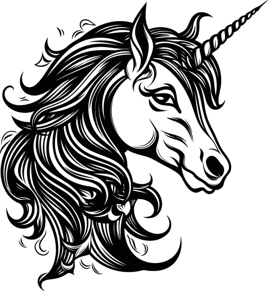 A striking black and white illustration of a unicorn's head, featuring intricate details and a flowing mane vector