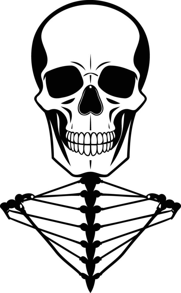 A simple, striking black and white illustration of a skull and ribcage vector