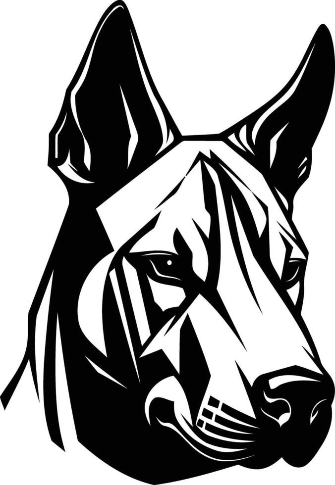 A striking black and white illustration of a dog's head, featuring bold lines and a powerful expression vector
