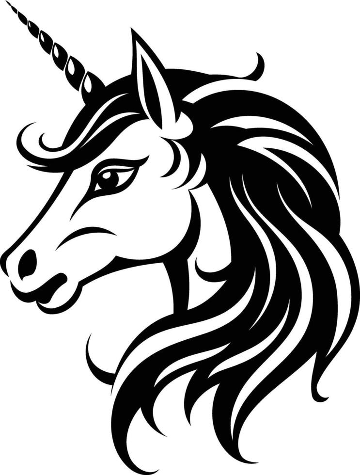 A striking black and white illustration of a unicorn's head, featuring a flowing mane and a curled horn vector