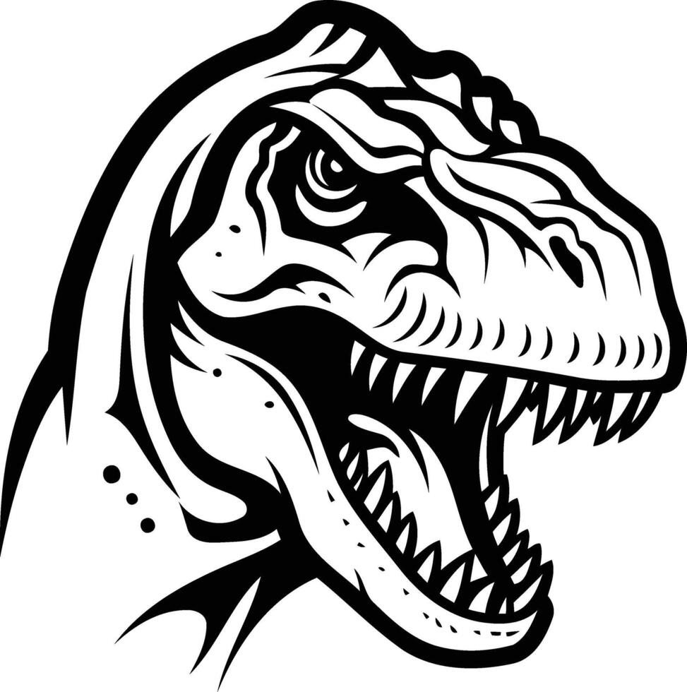 Fierce black and white illustration of a dinosaur head with an open mouth, perfect for tattoos, logos, or design projects vector