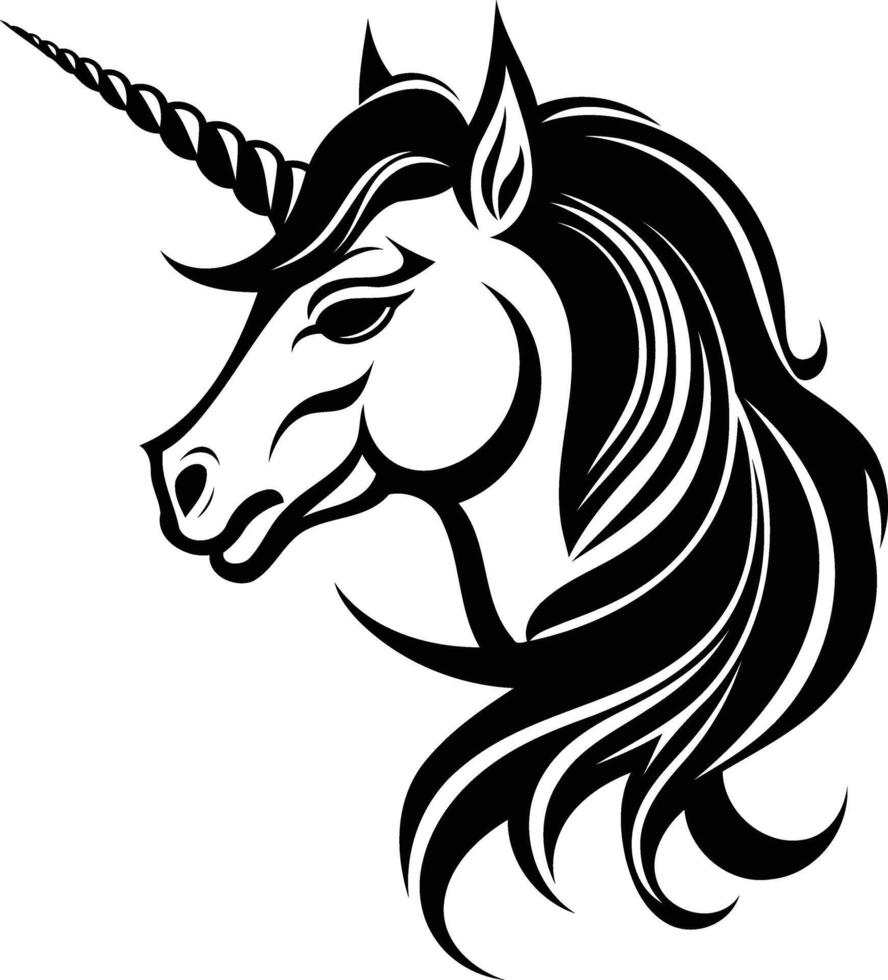 Stylish black and white illustration of a unicorn's head with a flowing mane vector