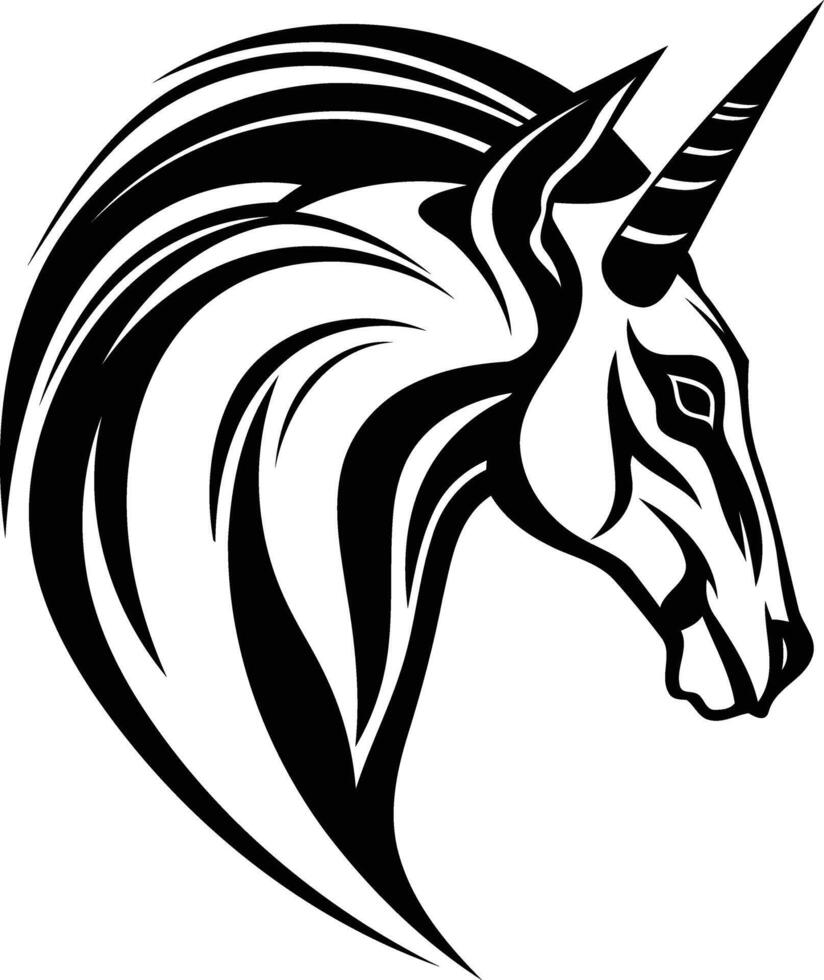 Stylish black and white illustration of a unicorn's head, perfect for tattoo designs, fantasy art, or branding vector