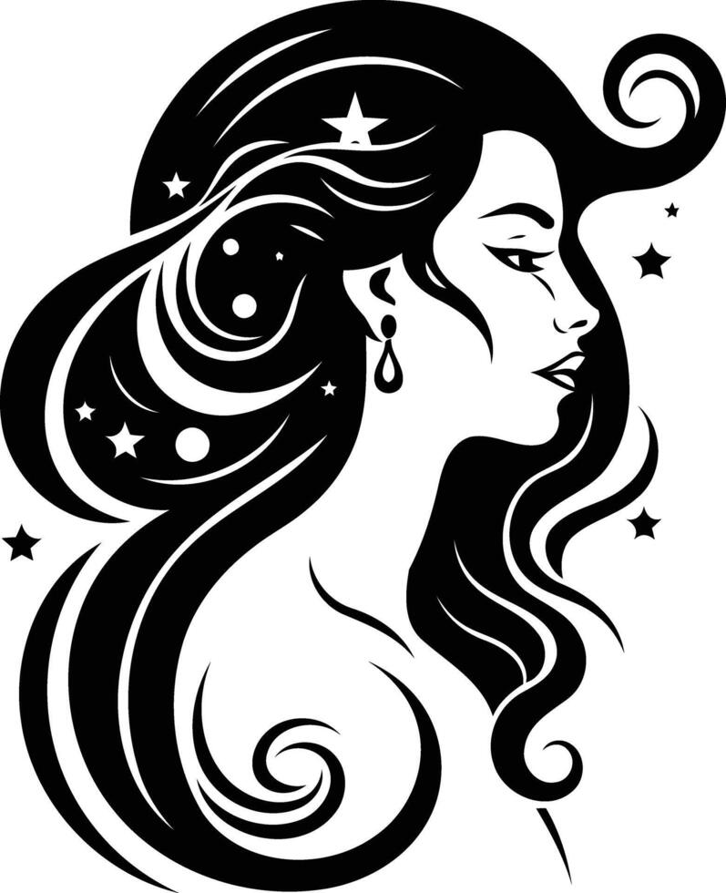 Elegant black and white illustration of a woman with flowing hair and stars vector