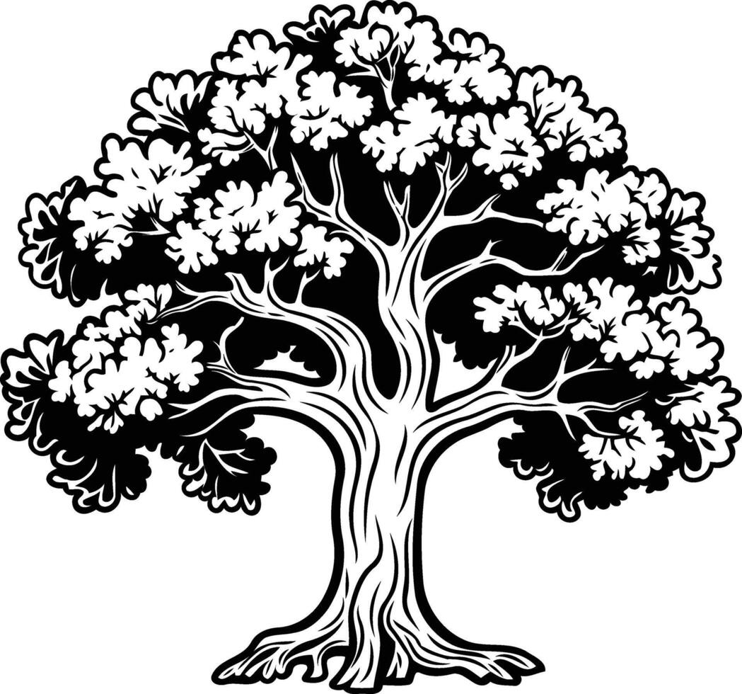 A classic black and white illustration of a majestic oak tree with intricate details vector