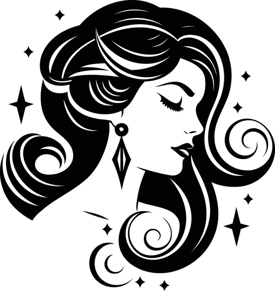 Elegant black and white illustration of a woman with flowing hair and a delicate earring vector