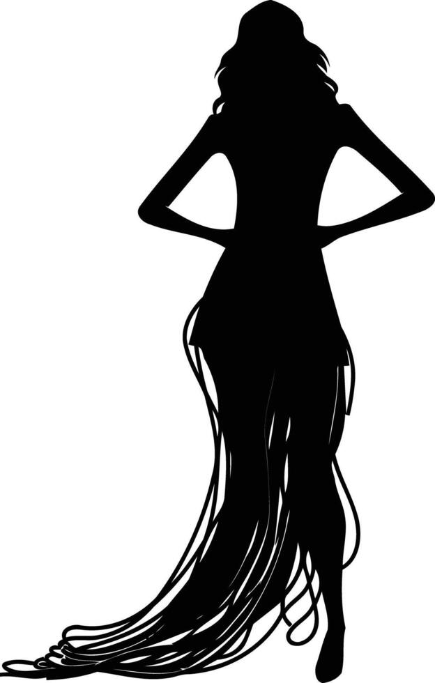 A dramatic silhouette of a woman in a flowing dress, perfect for fashion, beauty, or event design vector