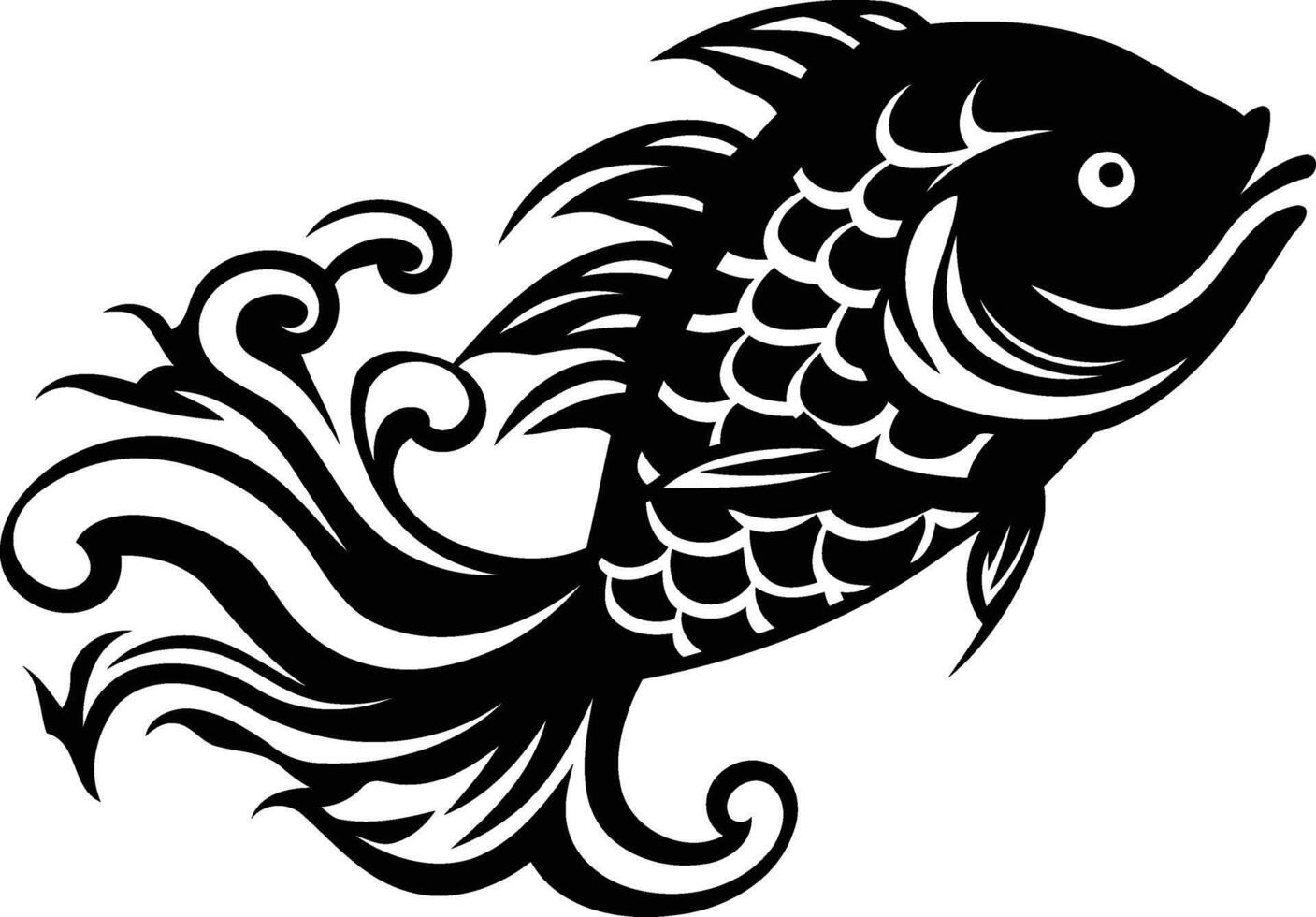 A bold and graphic black and white illustration of a stylized fish swimming through waves vector