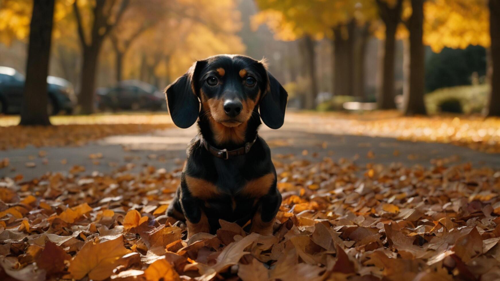 Dachshund Puppy Frolicking in a Pool of Autumn Leaves photo