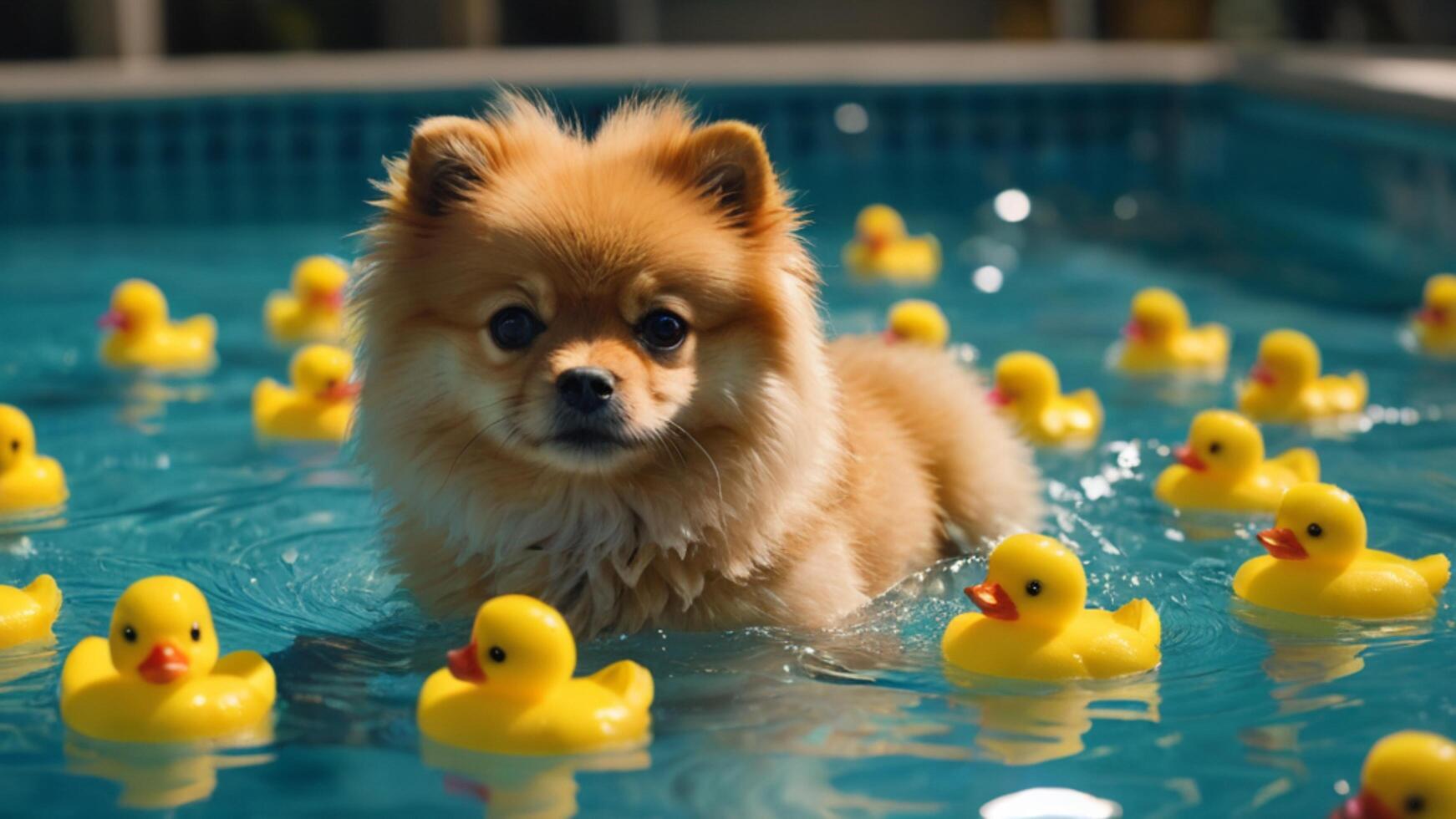 Pomeranian Puppy in a Pool of Rubber Ducks photo