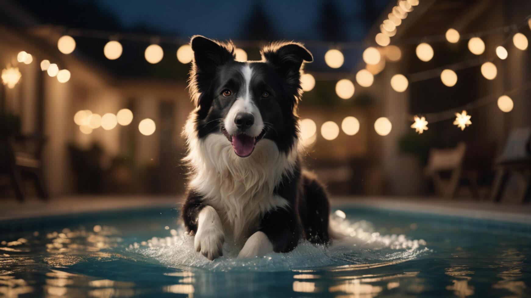 Border Collie Playing in a Pool of Glowing Star Lights photo