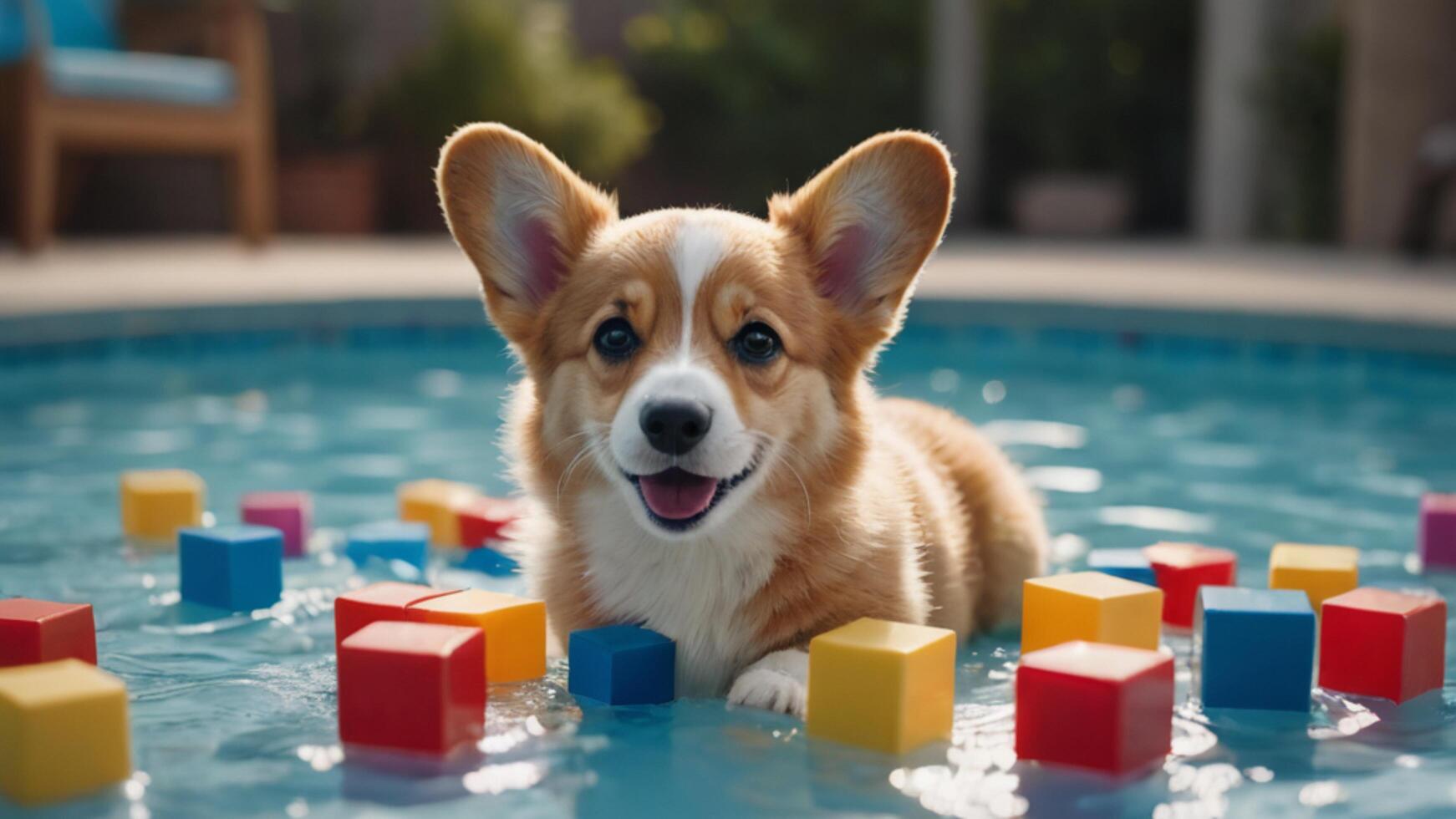 Corgi Puppy Playing in a Pool of Colorful Toy Blocks photo