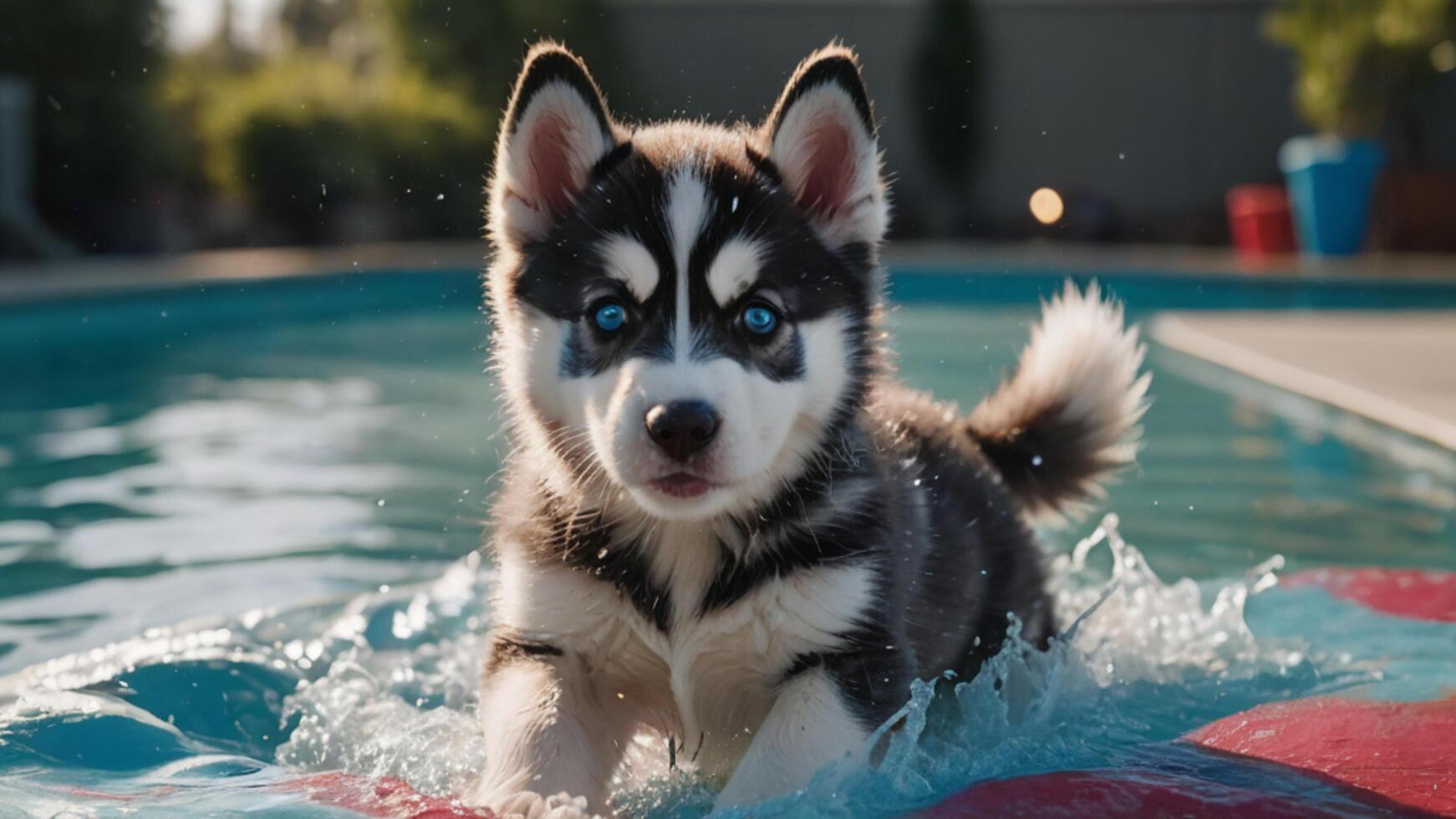 Husky Puppy Playing in a Pool of Colorful Paint Splashes photo