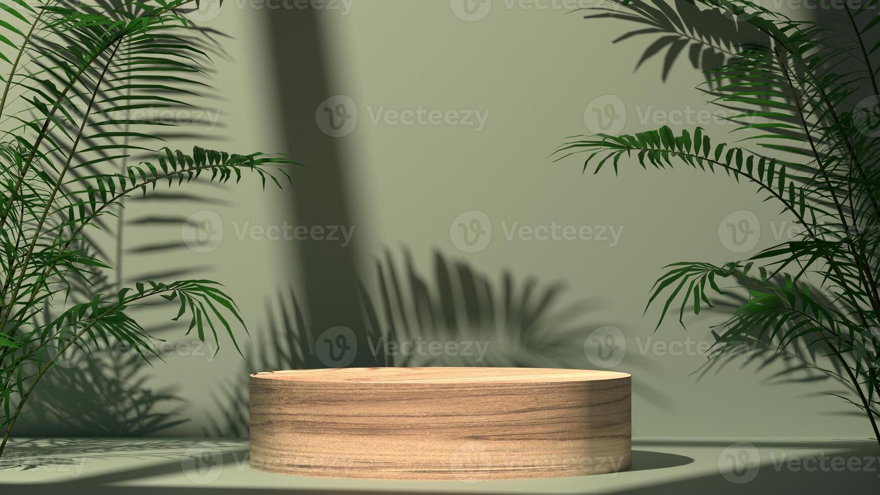 3D empty wooden stand display with tropical plant, minimal podium and natural sunlight from window, photo