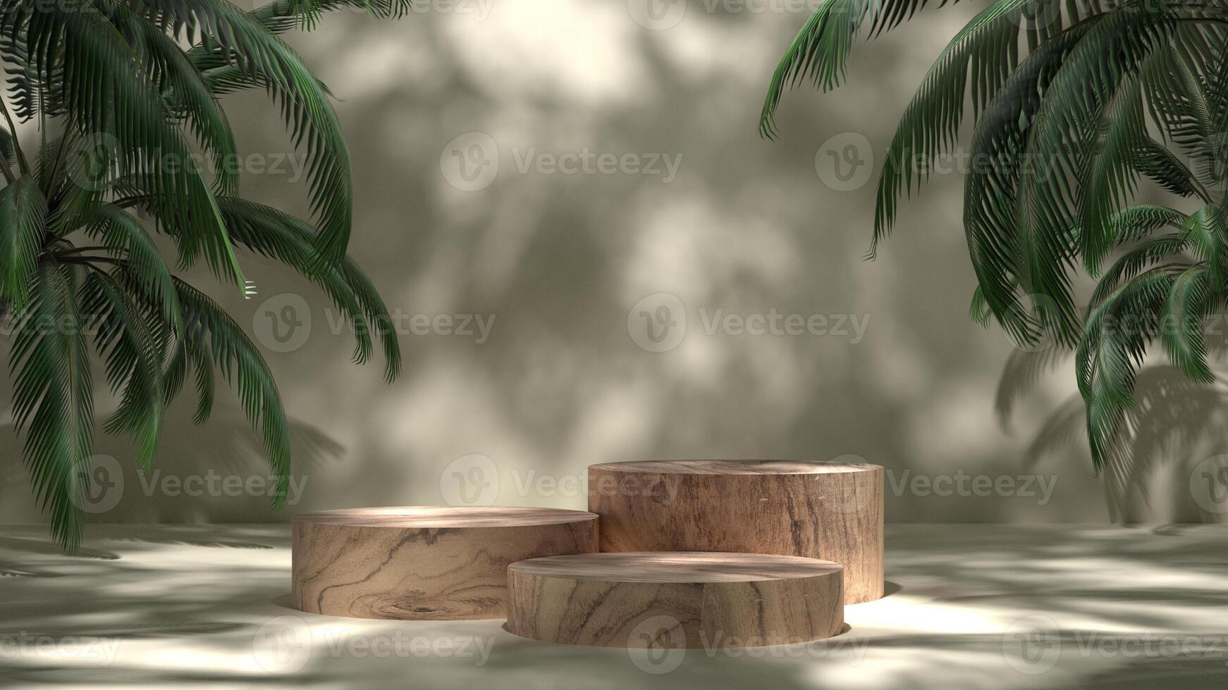 empty wooden stand display with tropical plant, premium podium and natural leaf shadow on wall background. photo