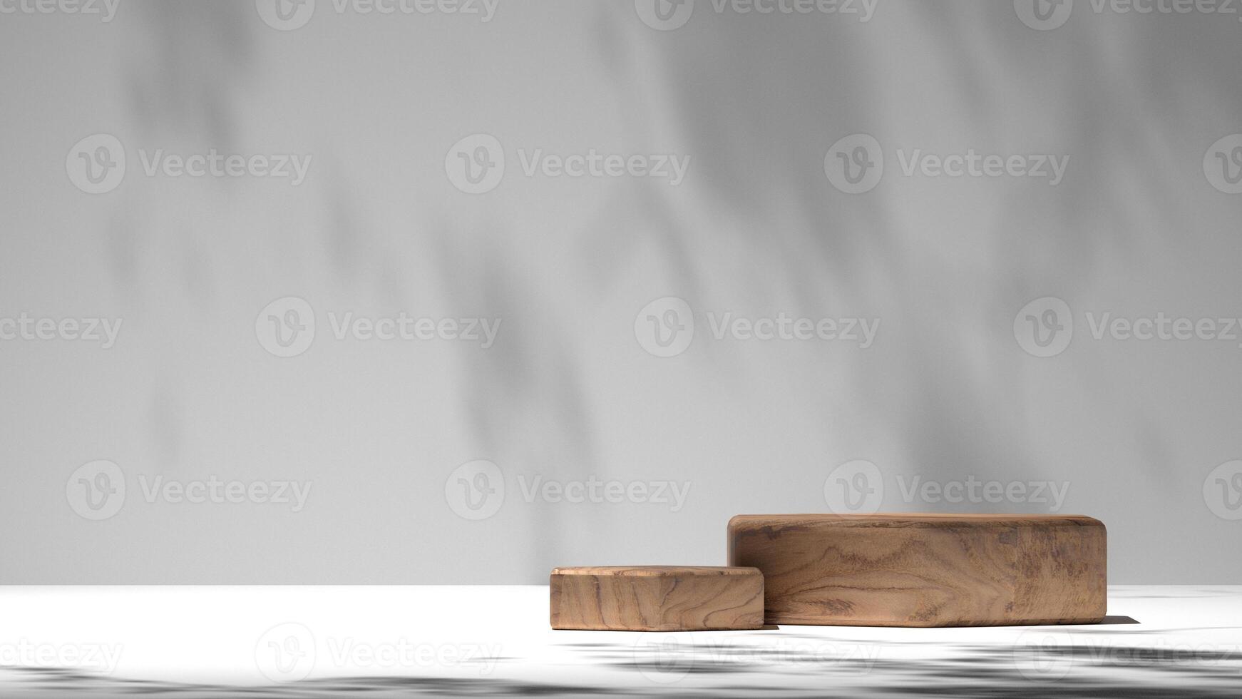 Two minimal modern wooden podium with leaf shadow on concrete wall background for beauty, organic, product display photo