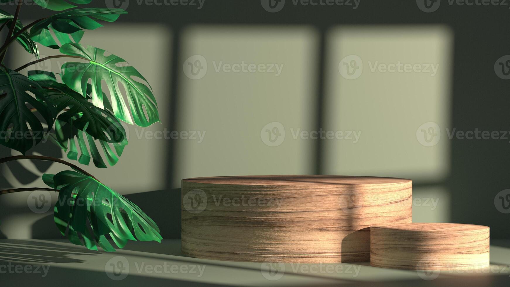 3D empty wooden stand display with tropical plant, minimal podium and natural sunlight from window, photo
