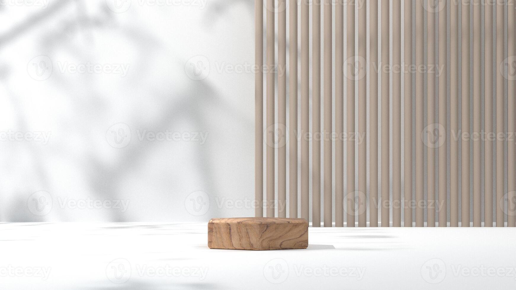 minimal modern wooden podium with leaf shadow on concrete wall background for beauty, organic, product display photo
